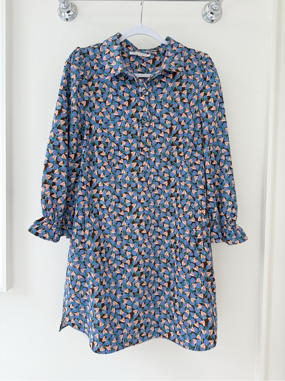 Joy Joy Floral & Bees Corduroy Shirt Dress Blue Brown Ruffle Sleeve M
